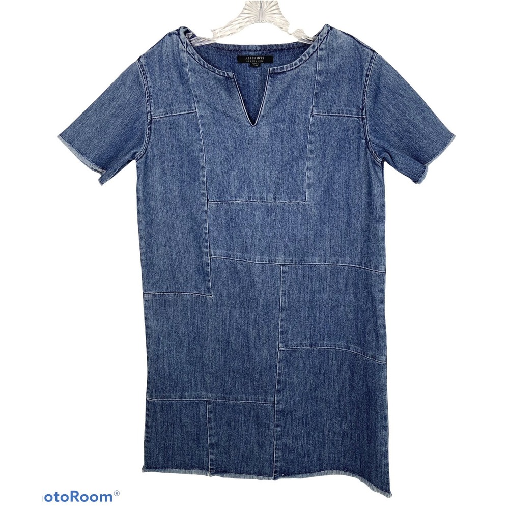 AllSaints Dress Womens 4 Blue Jean Denim Shift Raw Frayed Hem Tunic Short Sleeve